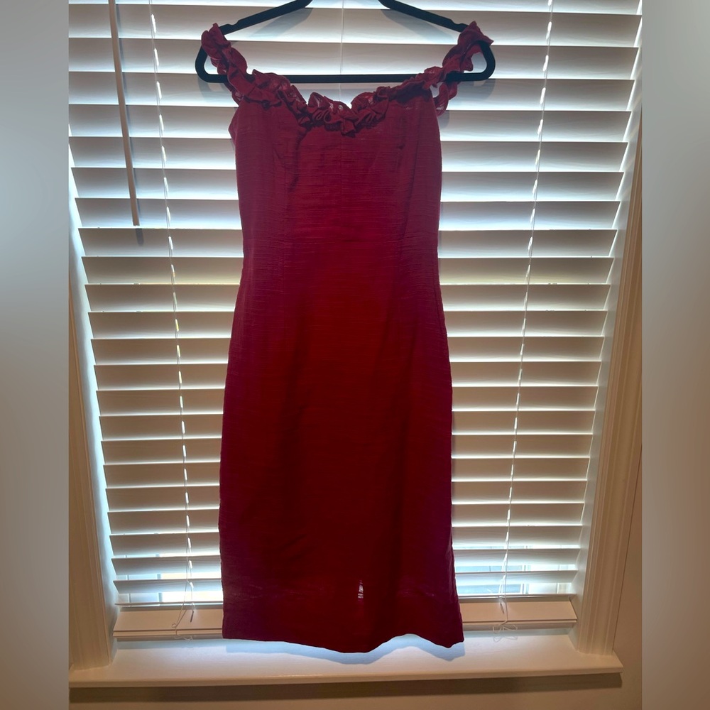 Petal & pup burgundy lined off the shoulder sheath dress. Hits below the knee